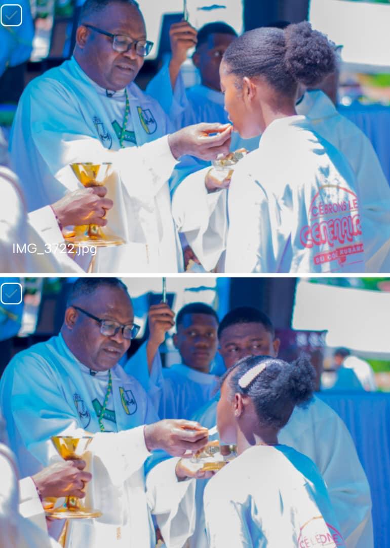 Son Excellence Monseigneur Jean-Crispin Kimbeni Ki Kanda, Évêque du diocèse de Kisantu,
                                     administrant la Sainte Communion aux élèves lors de la messe solennelle du Centenaire,
                                      le 2 mai 2026.